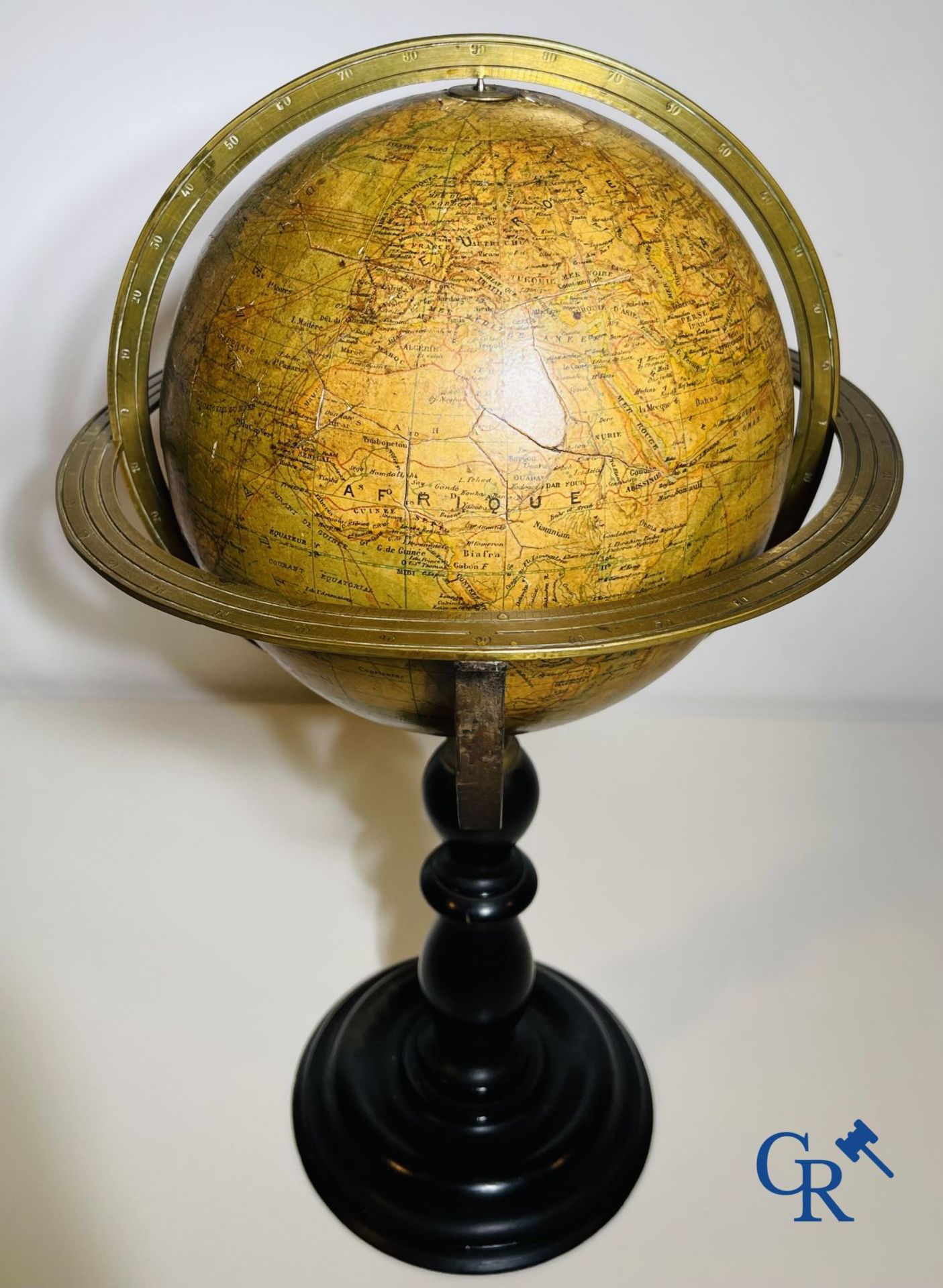 An antique globe with meridian circle on a black lacquered wooden base. 19th century. - Image 4 of 10