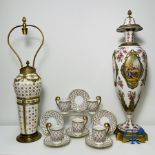 Porcelain: Sèvres: Lot consisting a vase, a lamp and part of a tea set.