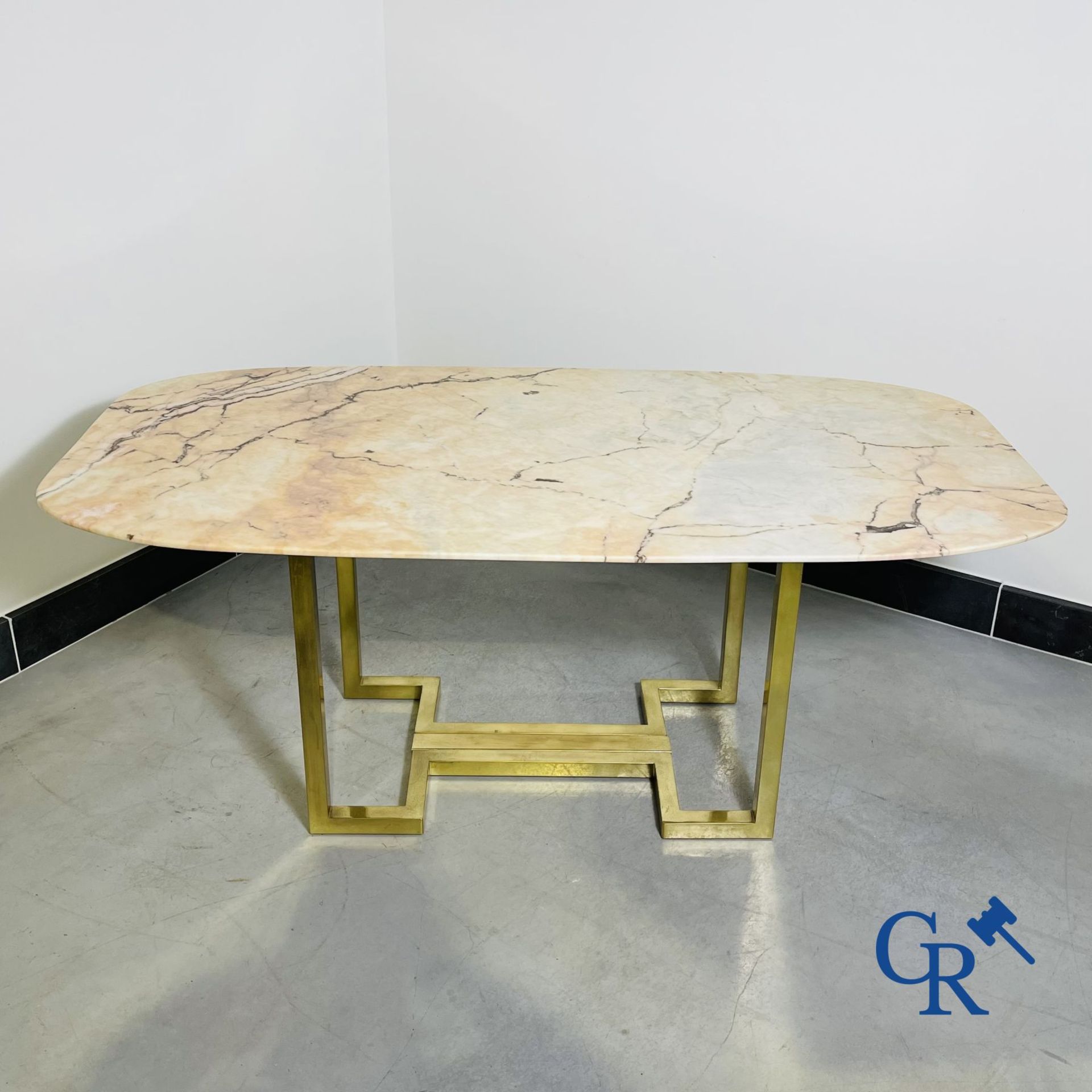 Belgo Chrome: Beautiful large dining table with marble top. Period 1980.