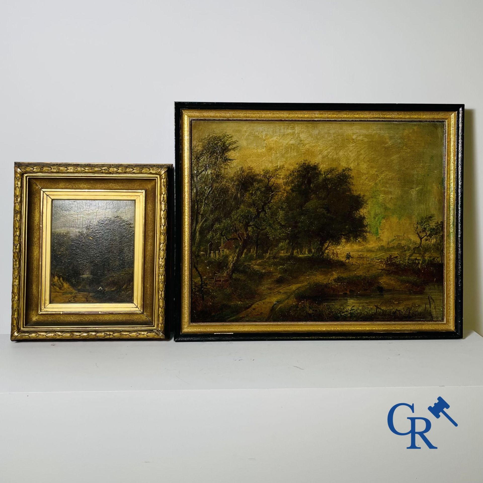 2 paintings: A forest scene Théodore Baron and a forest scene not signed.