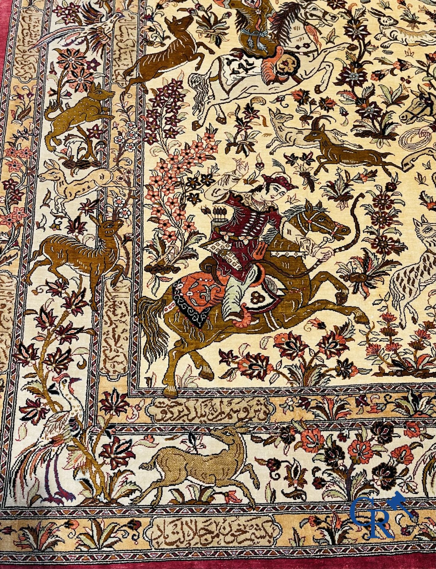 Oriental carpets: Iran, Ghoum. Signed Persian carpet in silk with a hunting decor. - Image 6 of 9