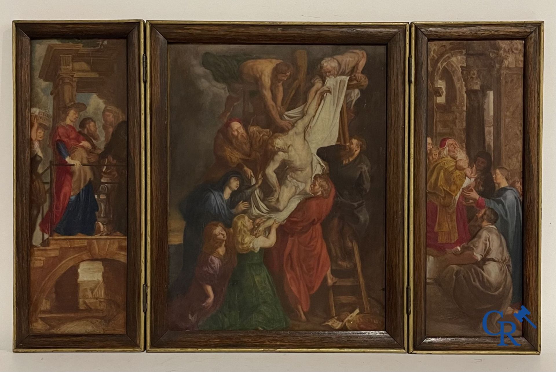 Triptych: After Pieter Paul Rubens, 19th century sketch of the 3 inner panels of the Descent from th - Image 6 of 11