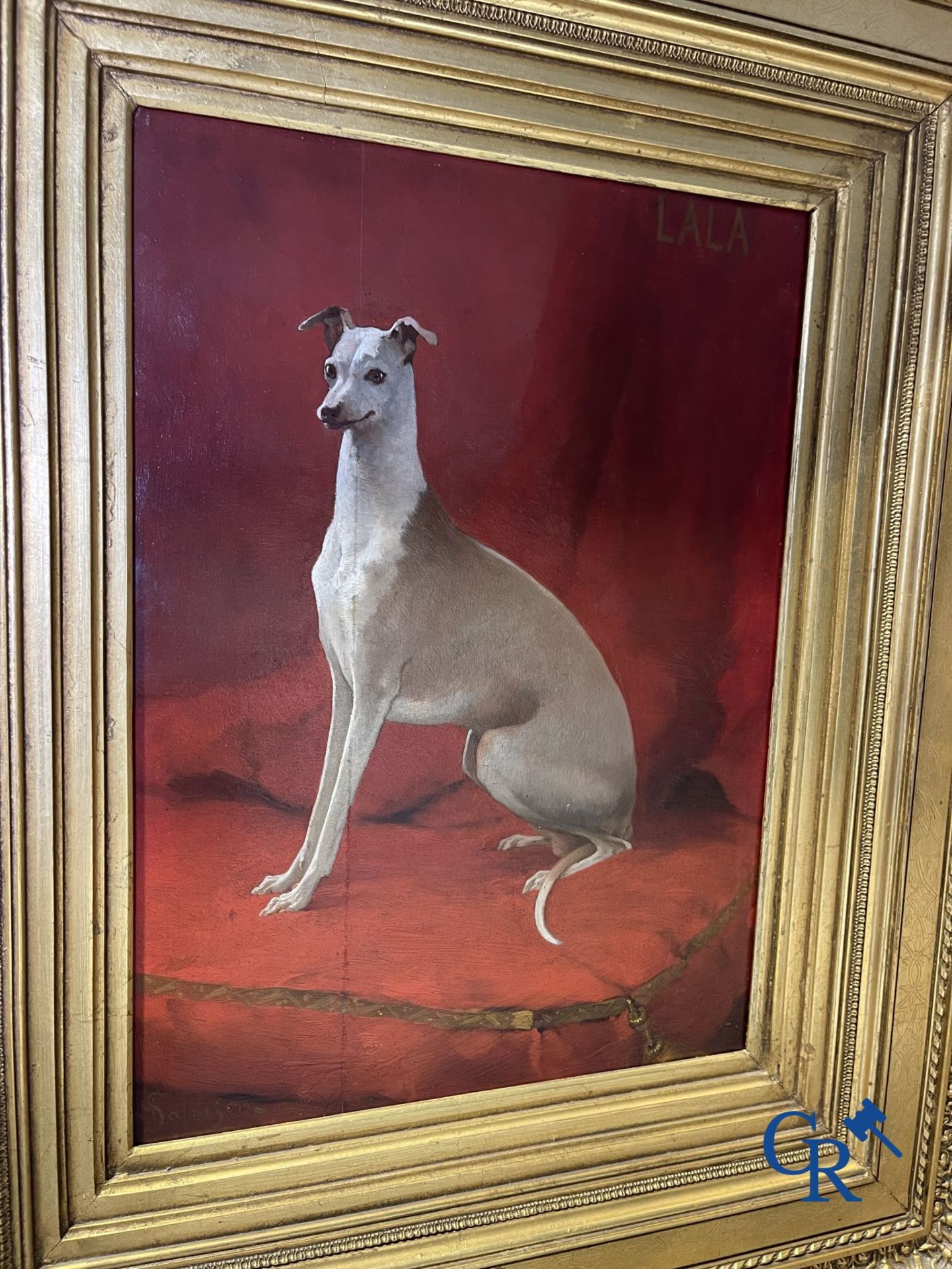 Painting: Hugo Frederik Salmson (1843-1894) oil on panel. "Lala" Portrait of a whippet. - Bild 4 aus 6