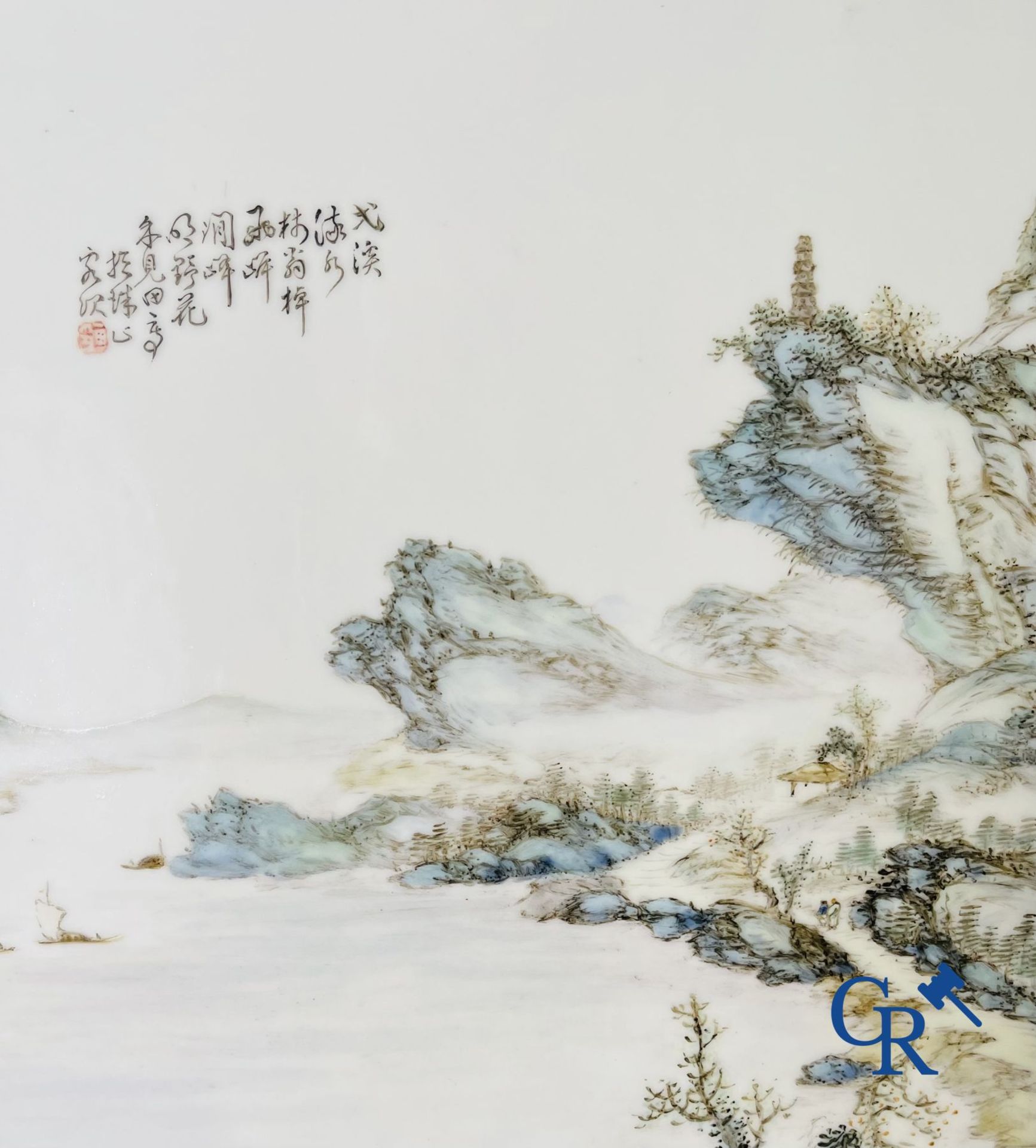 Chinese porcelain: A Chinese qianjiang cai porcelain painting in frame. - Image 4 of 13
