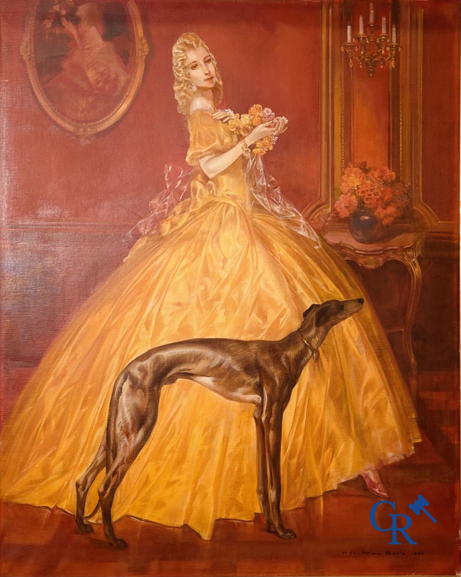 Karel Van Belle: Elegant lady with greyhound. Oil on canvas. - Image 2 of 10