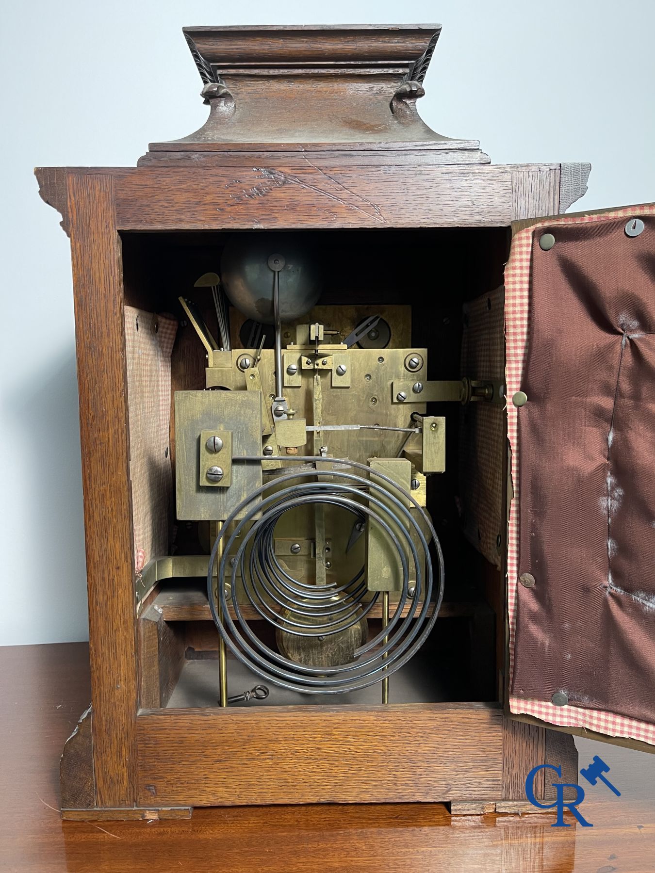 Clock with multiple bells and music in oak sculpted case with matching pedestal. - Image 4 of 10