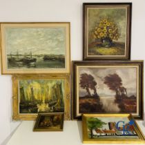 A lot of 6 various paintings. Oil on canvas.