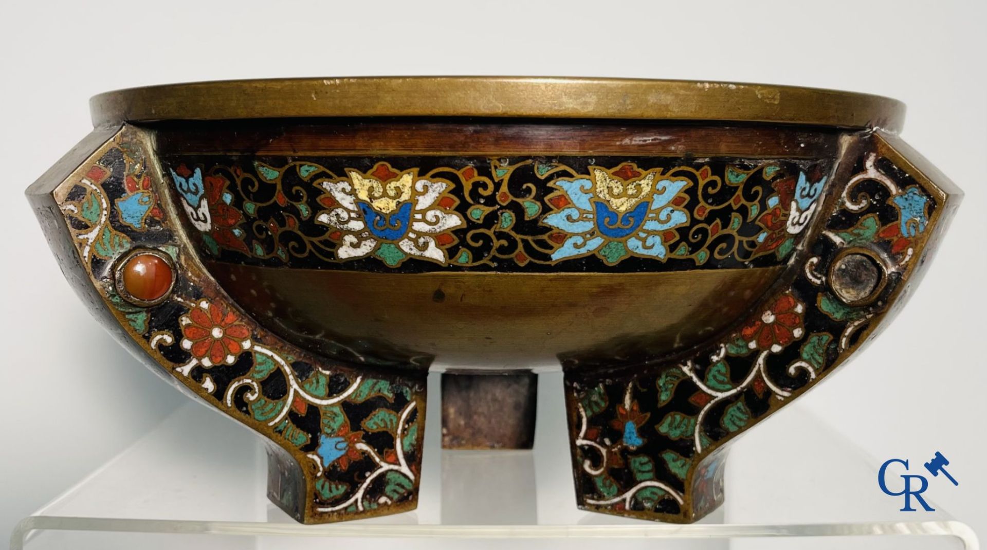 Asian Art: A three-legged bronze and cloisonne incense burner. Marked. - Image 11 of 21
