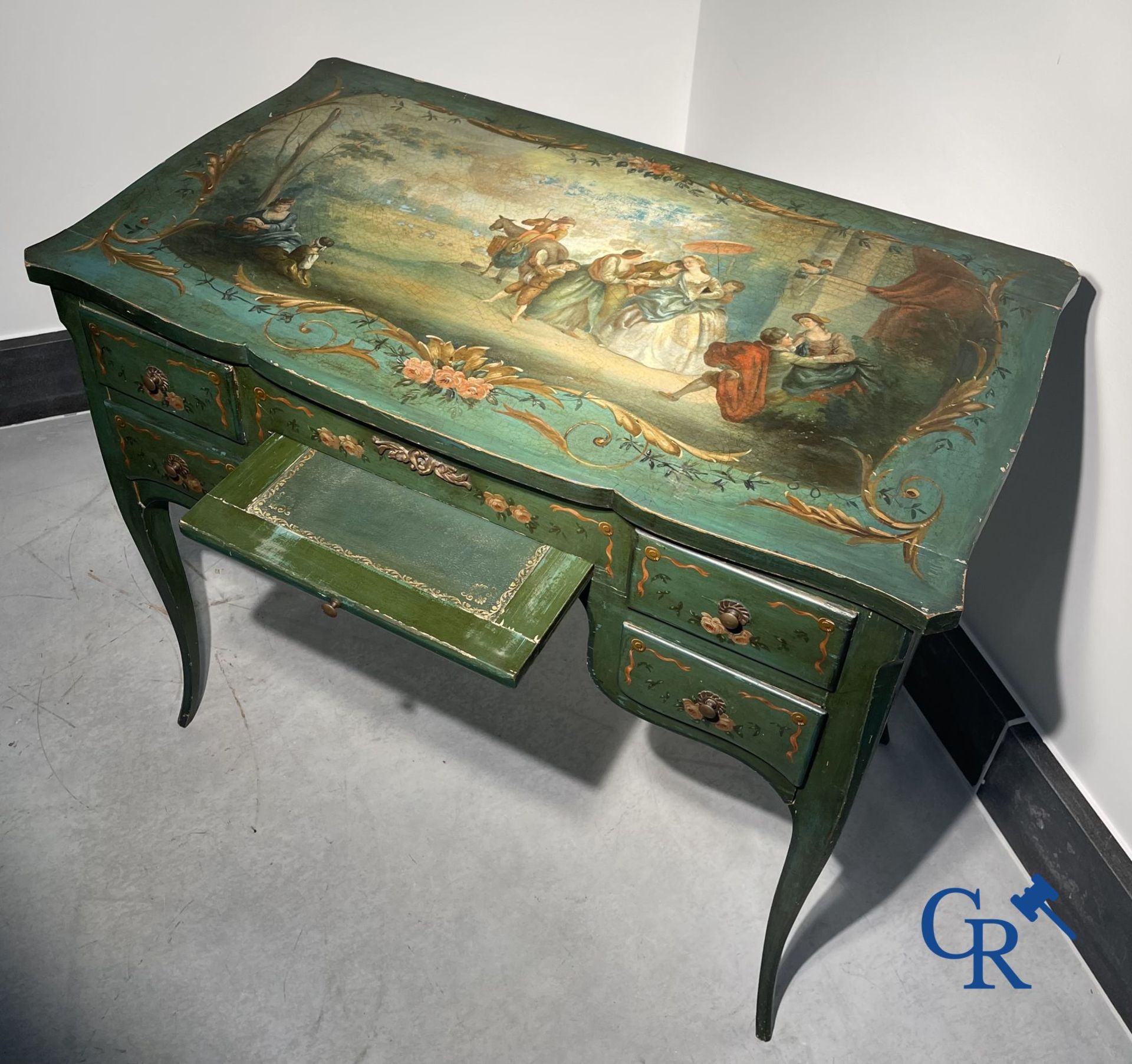 Ladies dressing table with gallant paintings, and a lacquered armchair transitional period Louis XV  - Bild 4 aus 17