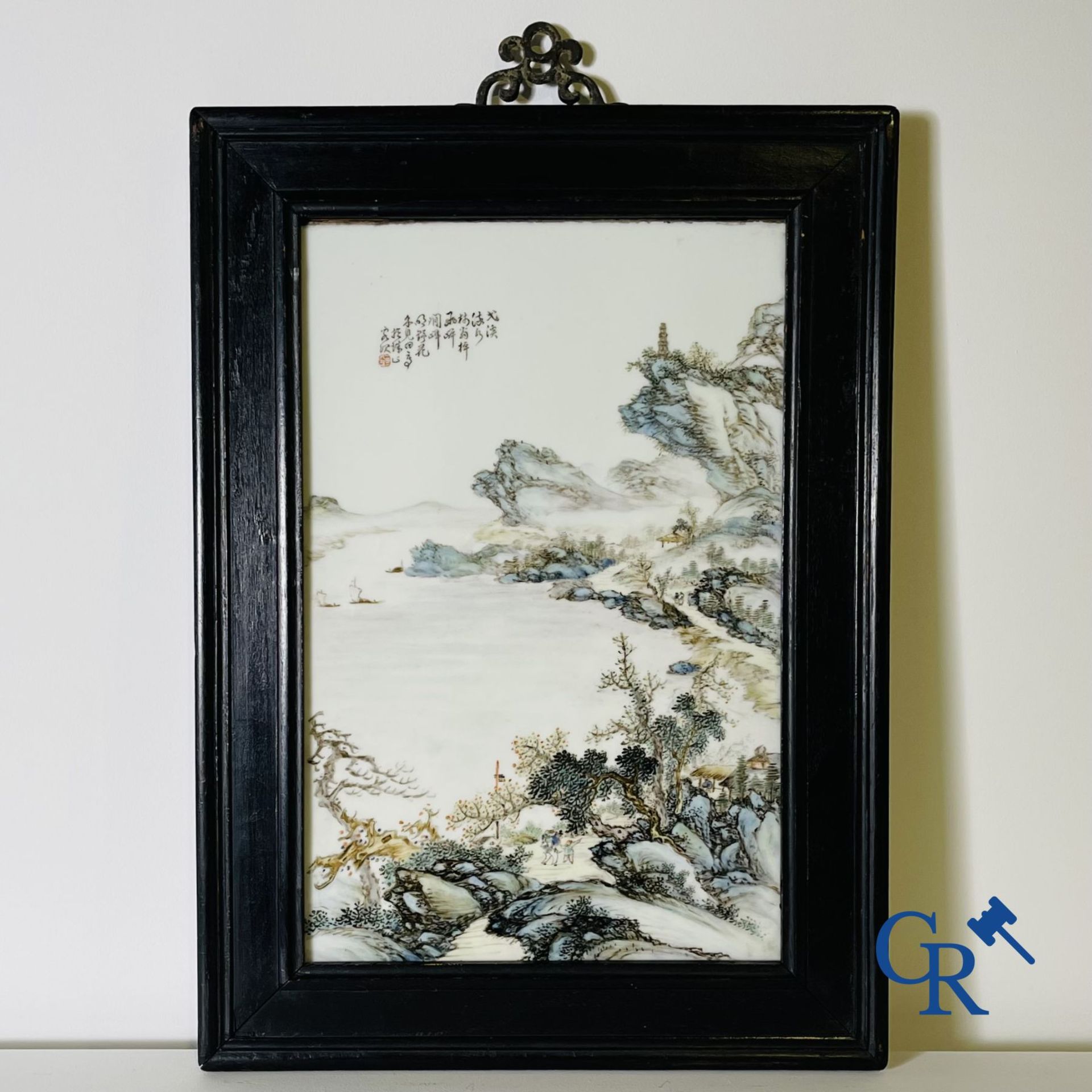Chinese porcelain: A Chinese qianjiang cai porcelain painting in frame. - Image 2 of 13