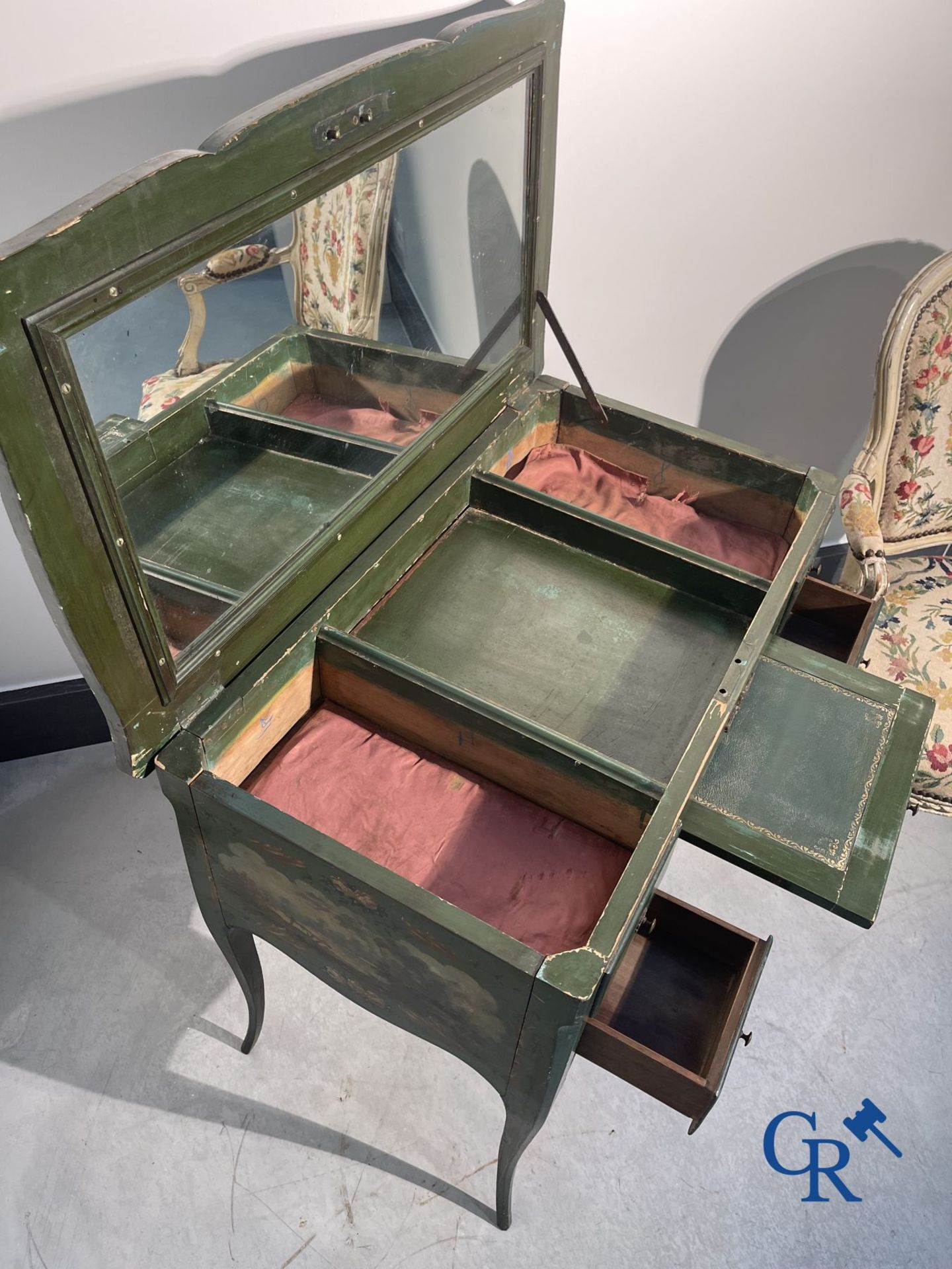 Ladies dressing table with gallant paintings, and a lacquered armchair transitional period Louis XV  - Image 7 of 17