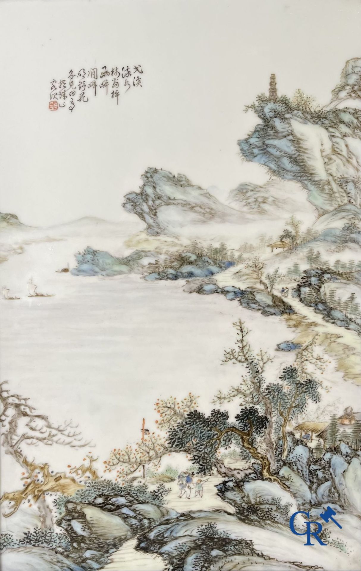 Chinese porcelain: A Chinese qianjiang cai porcelain painting in frame. - Image 3 of 13