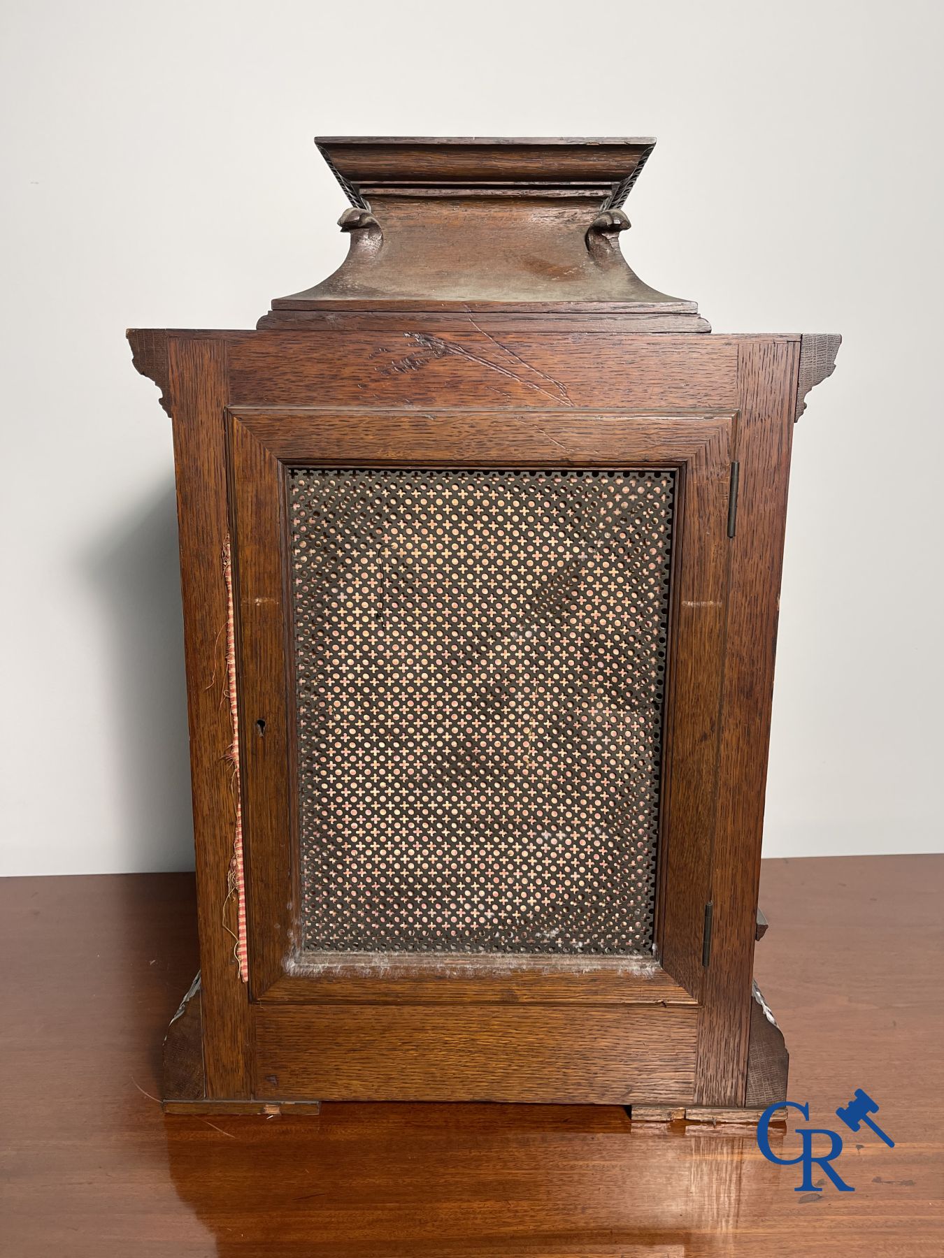 Clock with multiple bells and music in oak sculpted case with matching pedestal. - Image 6 of 10