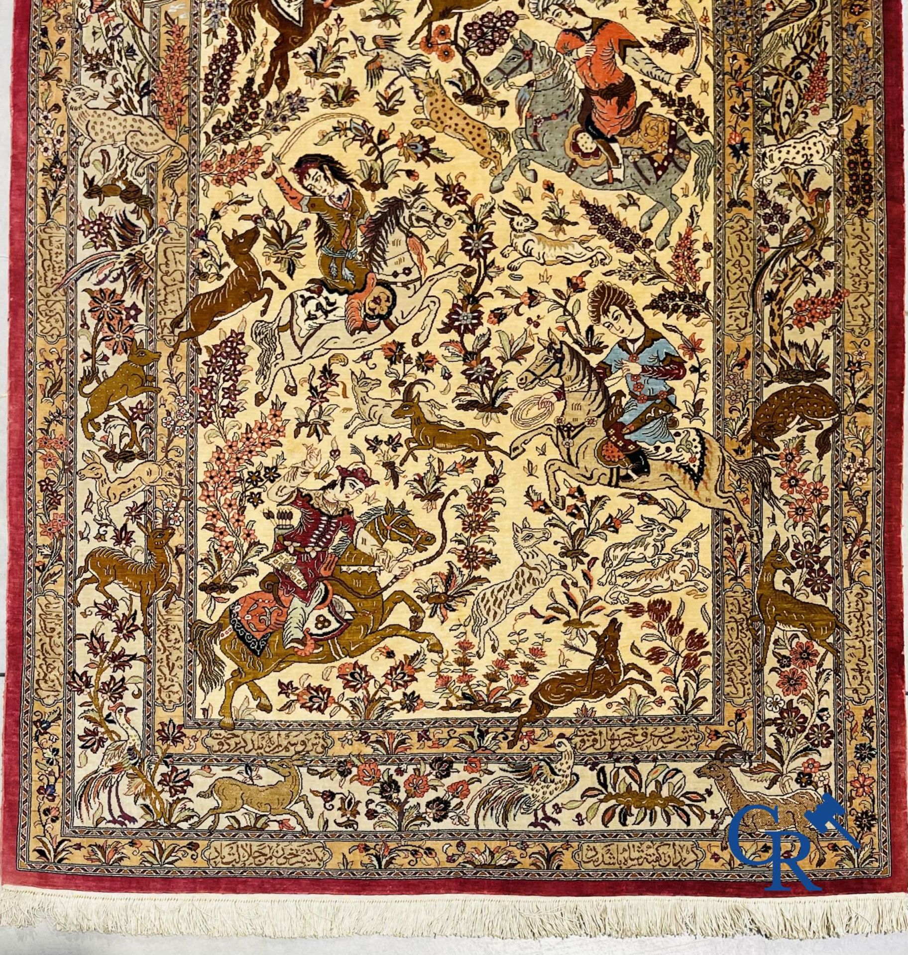 Oriental carpets: Iran, Ghoum. Signed Persian carpet in silk with a hunting decor. - Bild 4 aus 9