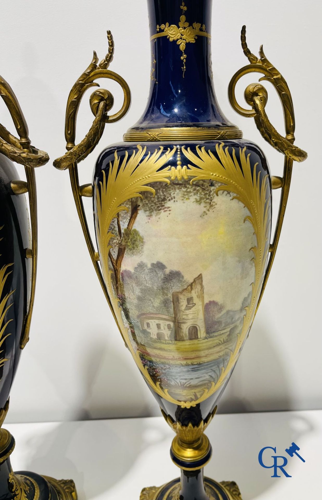 Sèvres: Poitevin. Pair of large vases in faience and bronze frames with romantic scenes. LXVI style. - Image 14 of 17