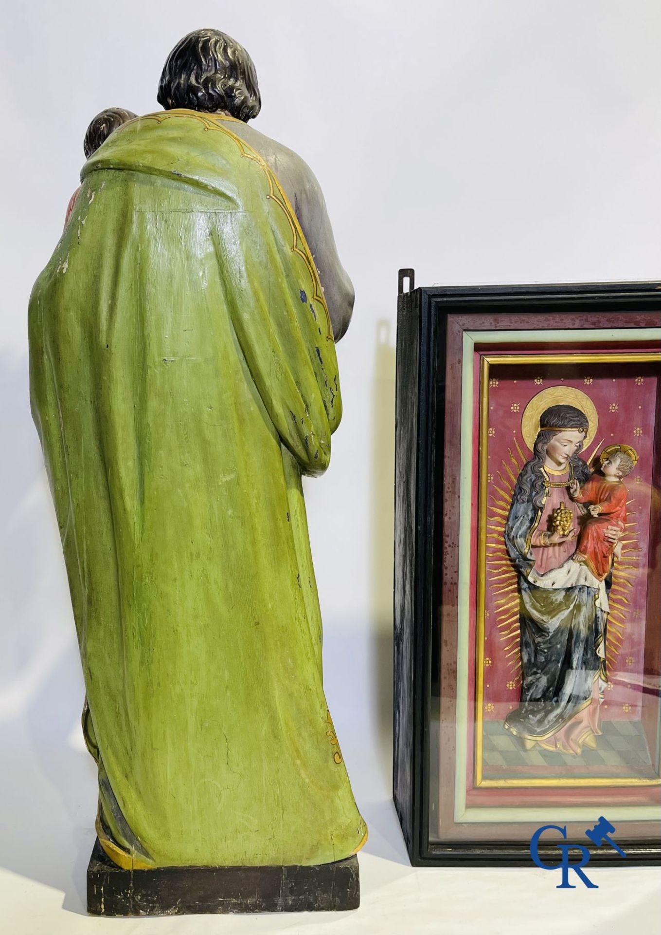 A 19th century wooden statue of Christ and a wooden display case with plaster representation of Mary - Image 13 of 25