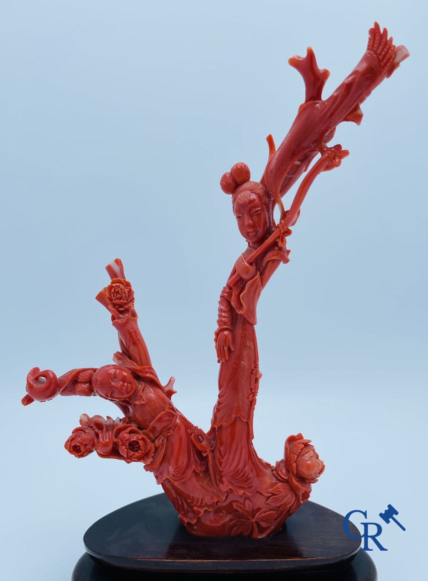 Asian Art: A Chinese group in red coral with ladies at a blossom branch. 19th century. - Image 2 of 26