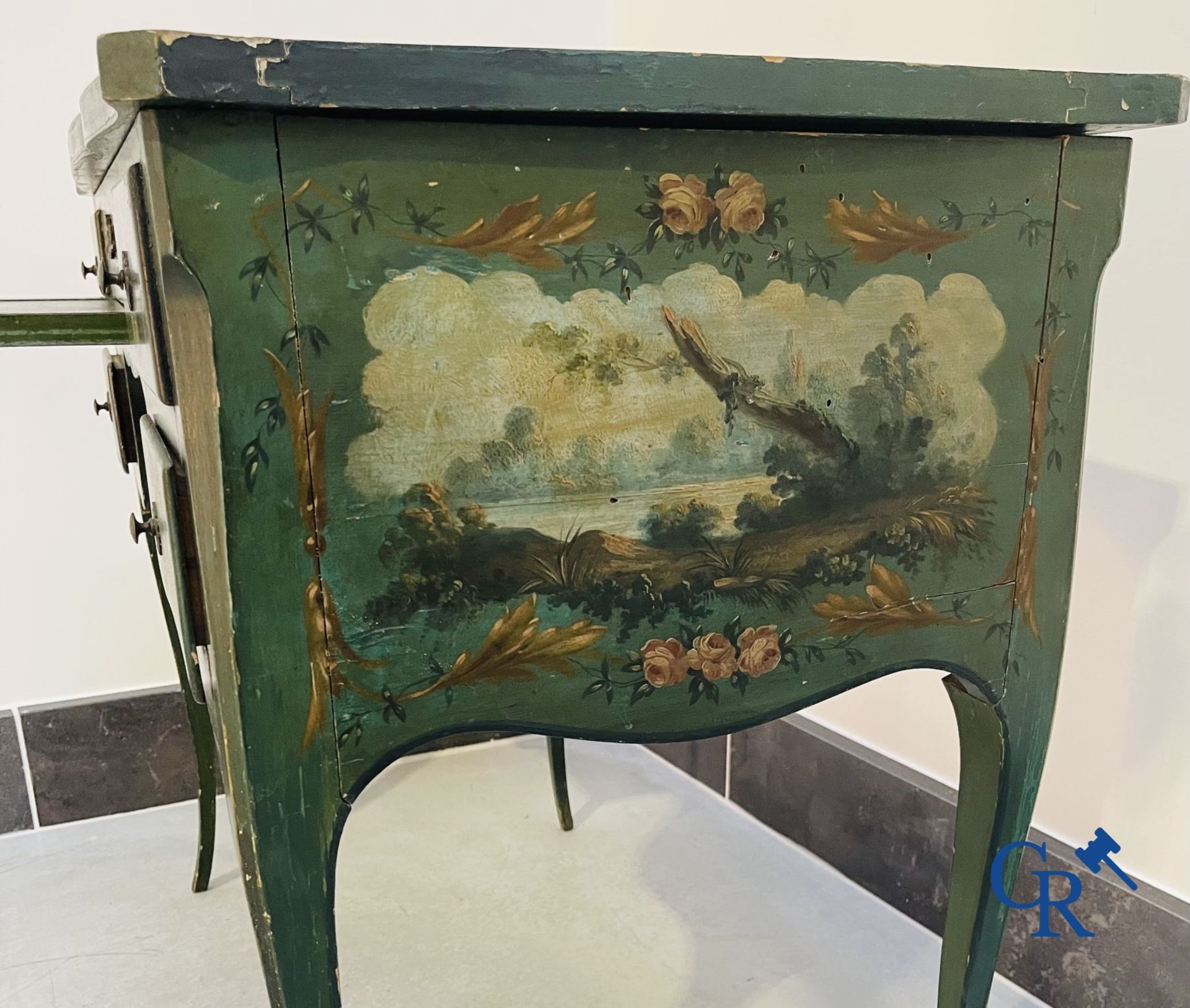 Ladies dressing table with gallant paintings, and a lacquered armchair transitional period Louis XV  - Image 11 of 17