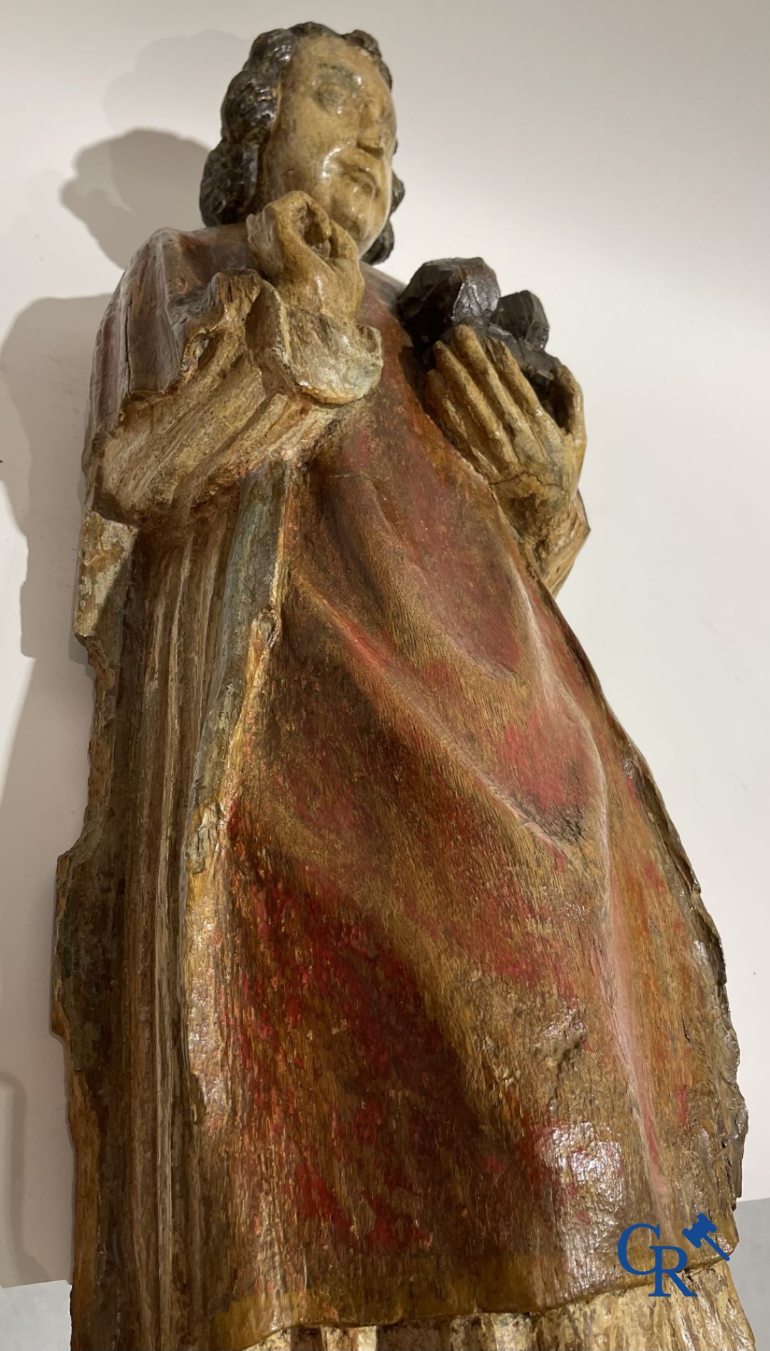 Wooden sculpture: Polychrome wood sculpture of a saint. Saint Stephen. Probably 17th century. - Image 24 of 26