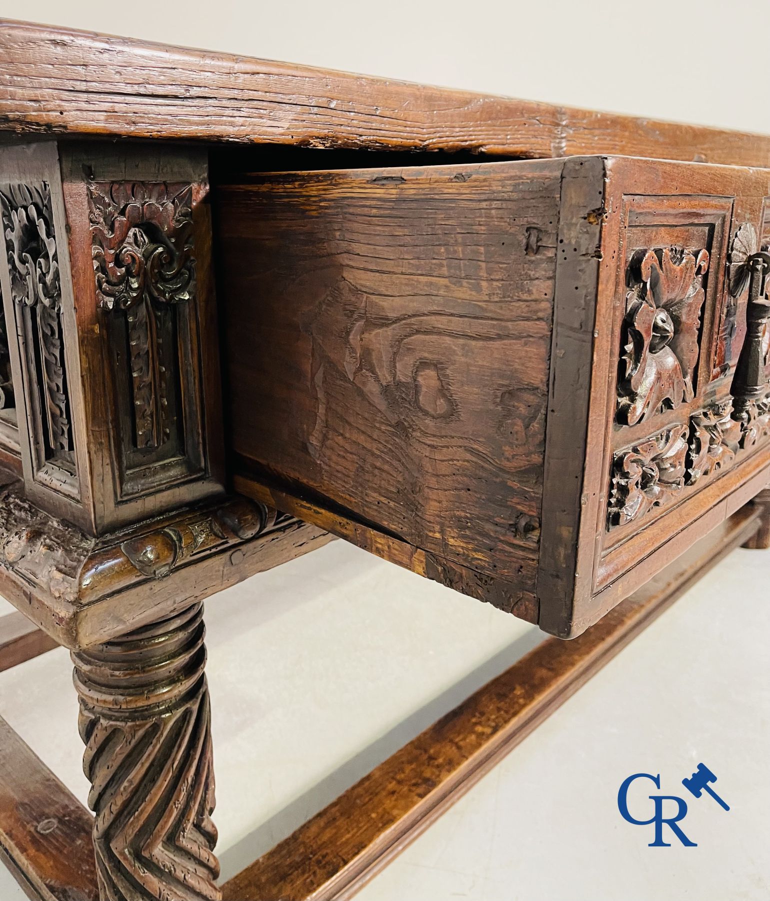 Furniture: 17th century carved walnut table with 3 drawers. - Image 8 of 22