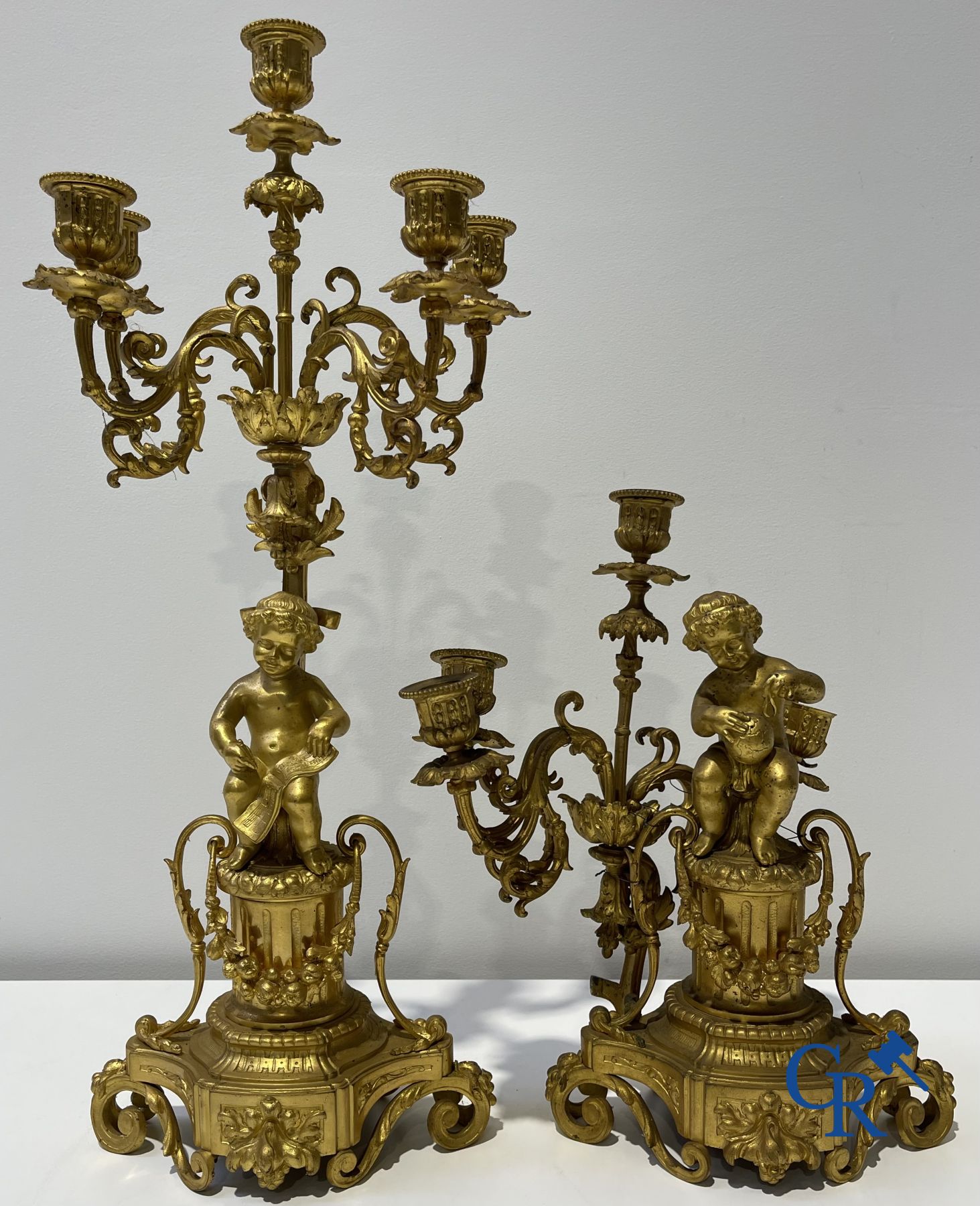 3-piece gilded bronze chimney set in LVI-style with putti. Jules Petit à Paris. Napoleon III period. - Image 9 of 11