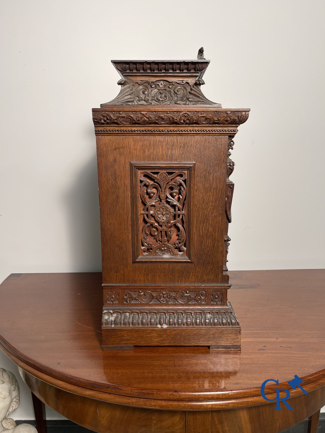 Clock with multiple bells and music in oak sculpted case with matching pedestal. - Image 5 of 10