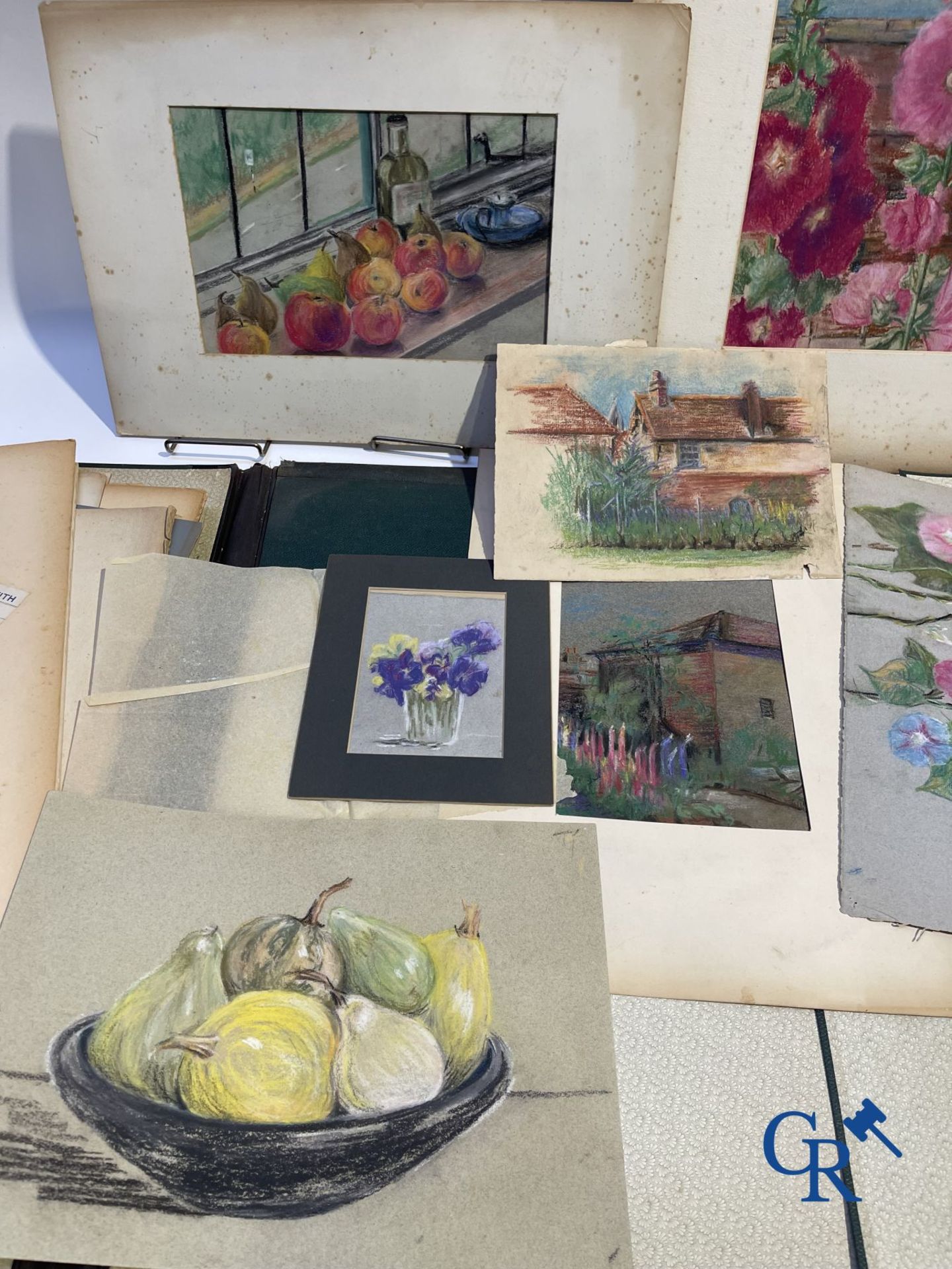 Interesting lot with gouaches and pastel drawings. Period 1880-1920. - Image 19 of 20