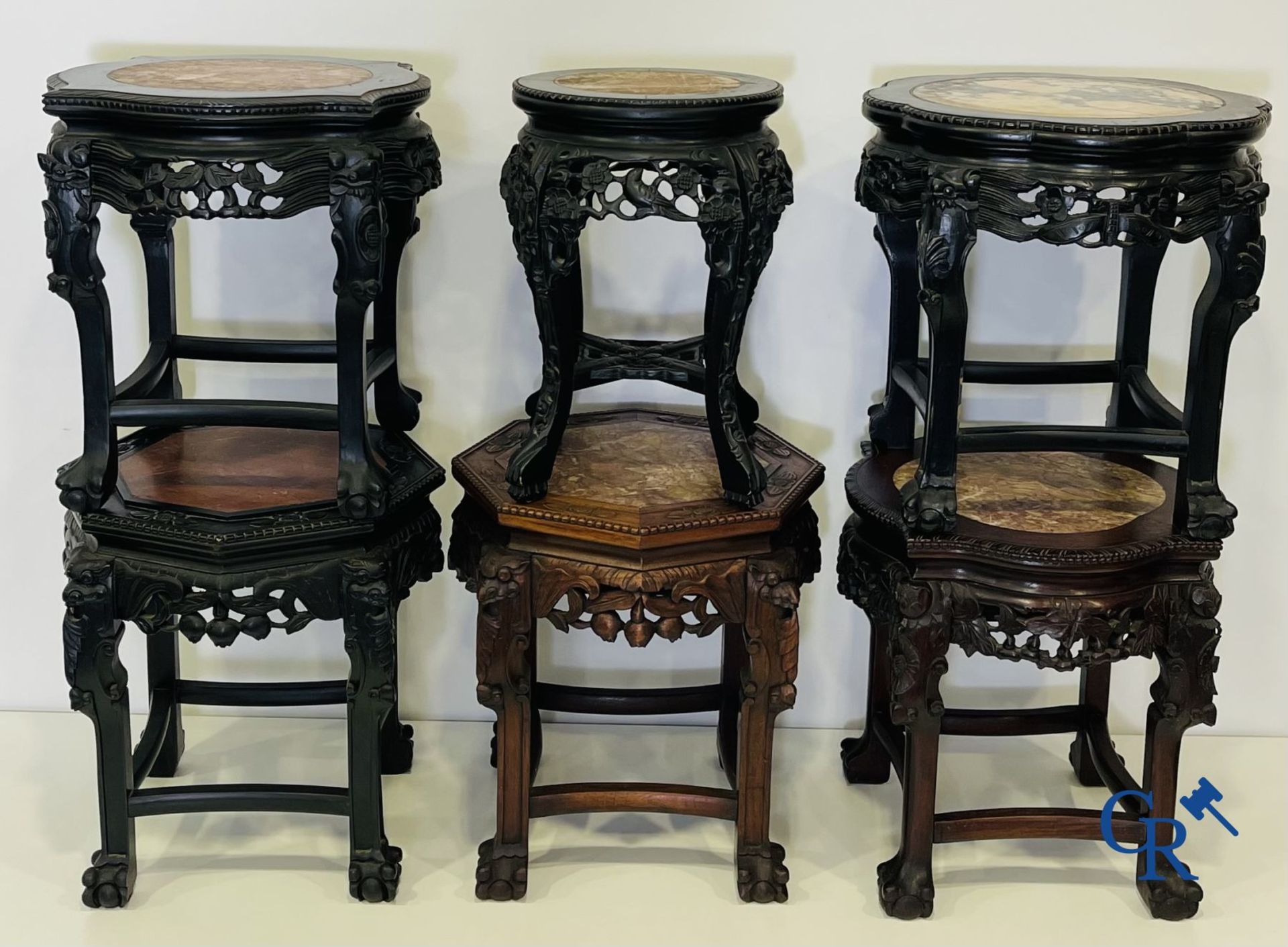 Asian Art: A lot of 6 Chinese wooden pedestals and a large wood-carved Chinese sage. - Image 2 of 12