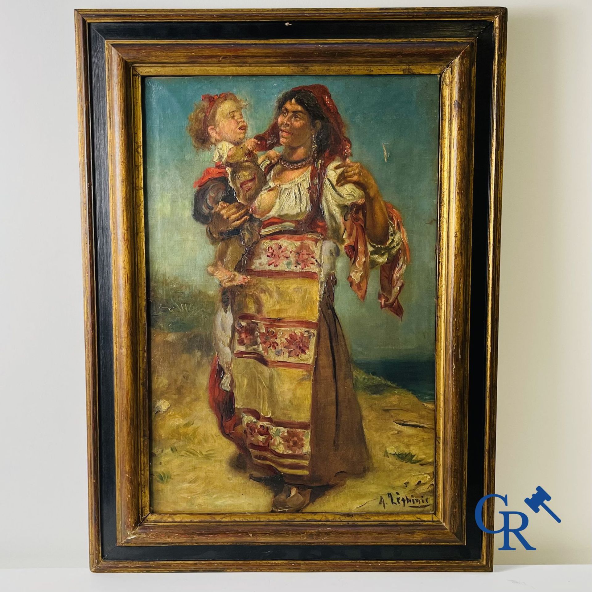 Painting: oil on canvas, illegibly signed. Gypsy woman with child. - Image 6 of 7