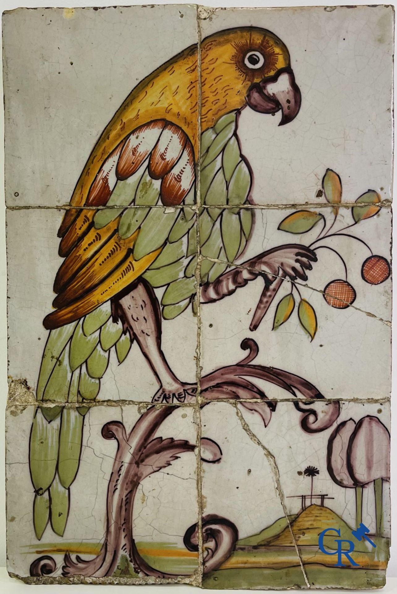 A polychrome tile panel with a parrot. Probably northern France. (Lille) 18th century. - Bild 3 aus 5