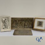 Interesting lot of 2 antique engravings, a sketch and an etching by W. Linnig.