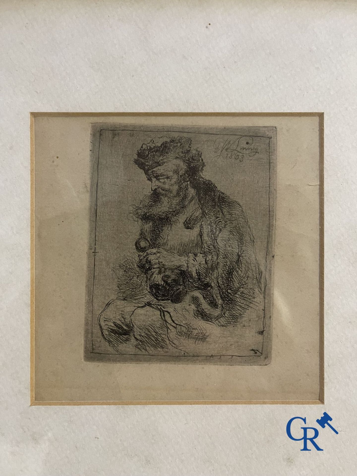 Interesting lot of 2 antique engravings, a sketch and an etching by W. Linnig. - Bild 15 aus 16