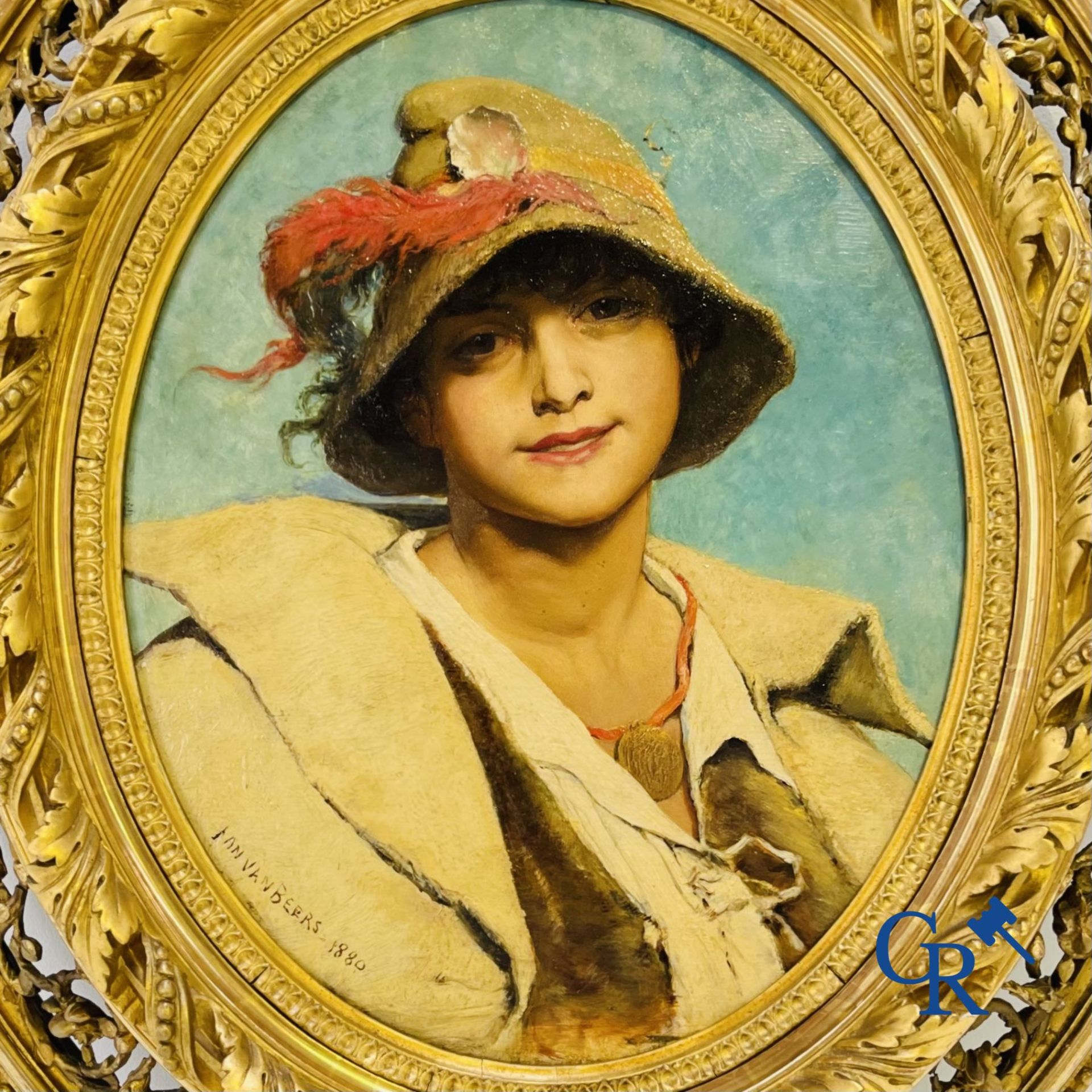 Painting: Jan Van Beers (Lier 1852 - Fay-aux Loges 1927) Romantic painting of a lady with a hat. - Bild 4 aus 5