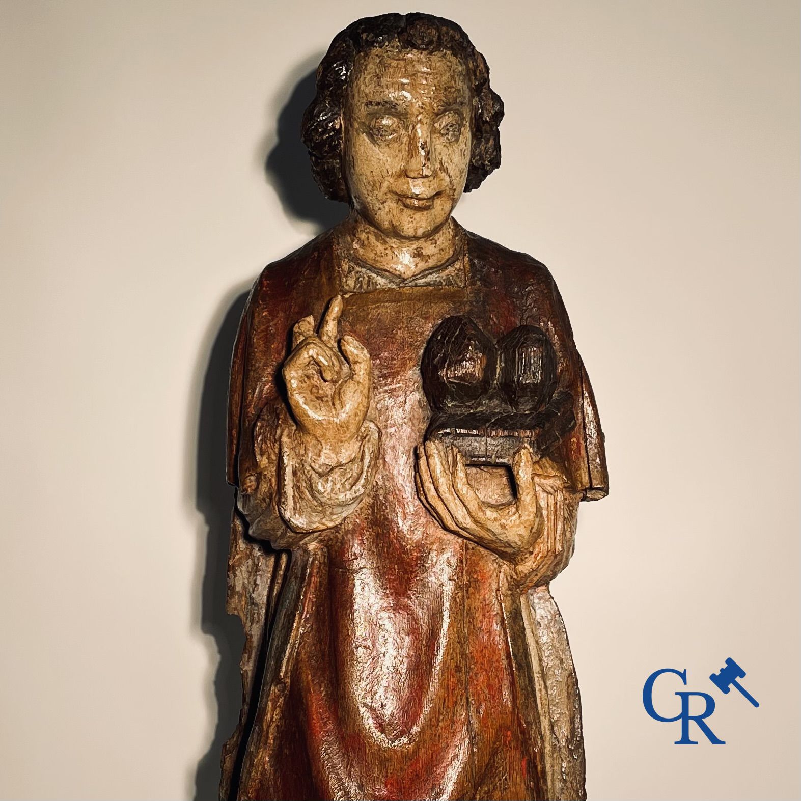 Wooden sculpture: Polychrome wood sculpture of a saint. Saint Stephen. Probably 17th century. - Image 6 of 26