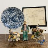 Asian Art: Lot with various objects in pottery and porcelain and an ink drawing.