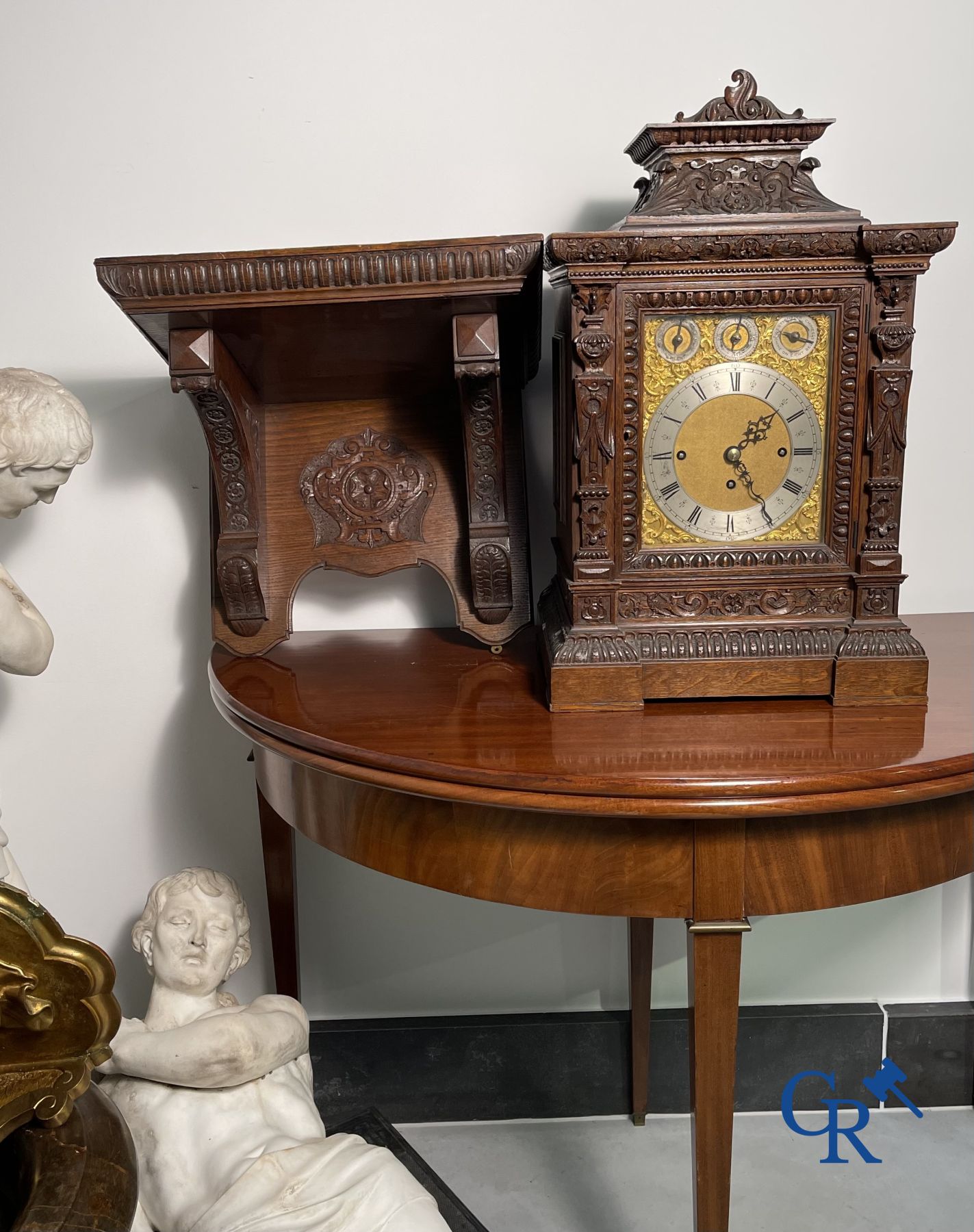 Clock with multiple bells and music in oak sculpted case with matching pedestal. - Image 7 of 10