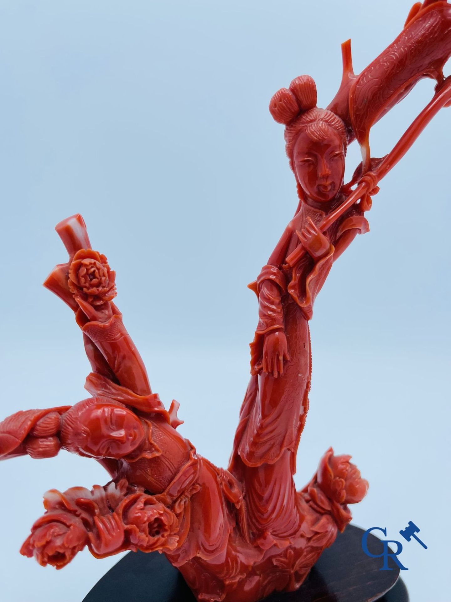 Asian Art: A Chinese group in red coral with ladies at a blossom branch. 19th century. - Image 9 of 26