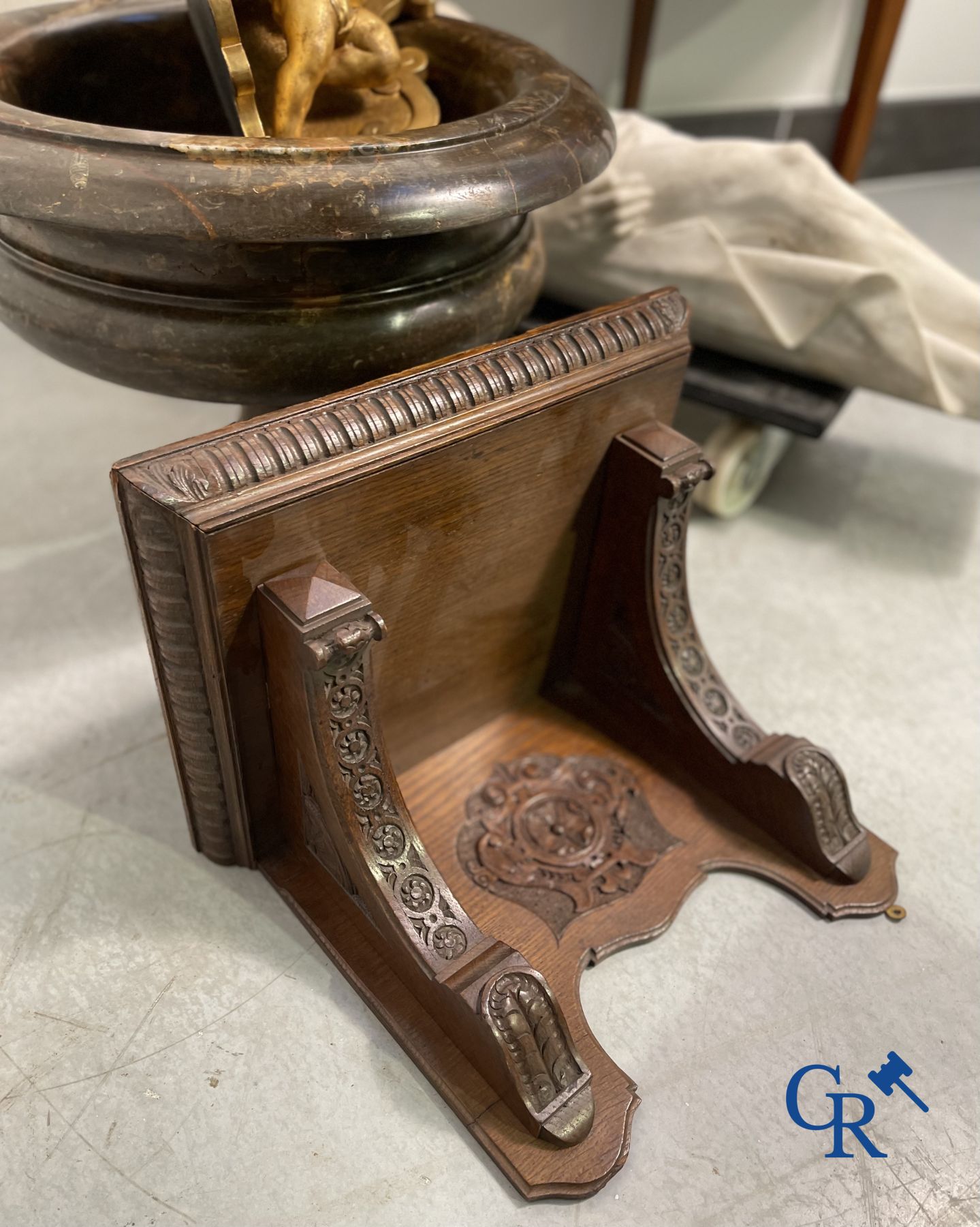 Clock with multiple bells and music in oak sculpted case with matching pedestal. - Image 9 of 10