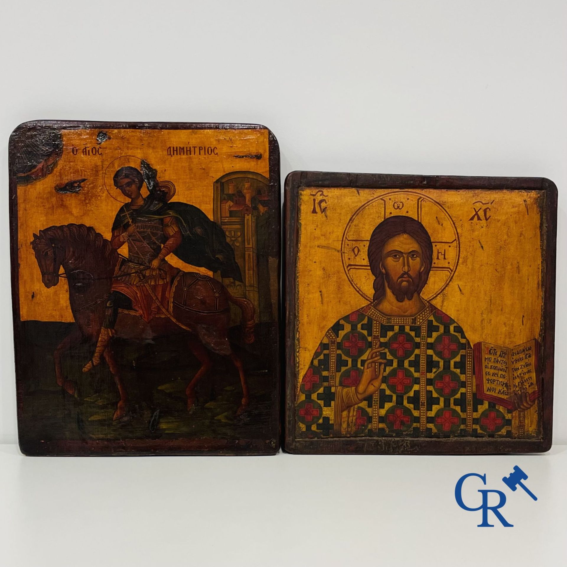 2 icons: Christ Pantocrator and Saint George on horseback.