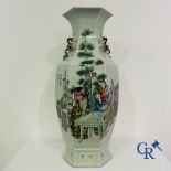 Asian Art: Chinese porcelain. A hexagonal Chinese Famille rose vase with sages and scholars. 19/20th