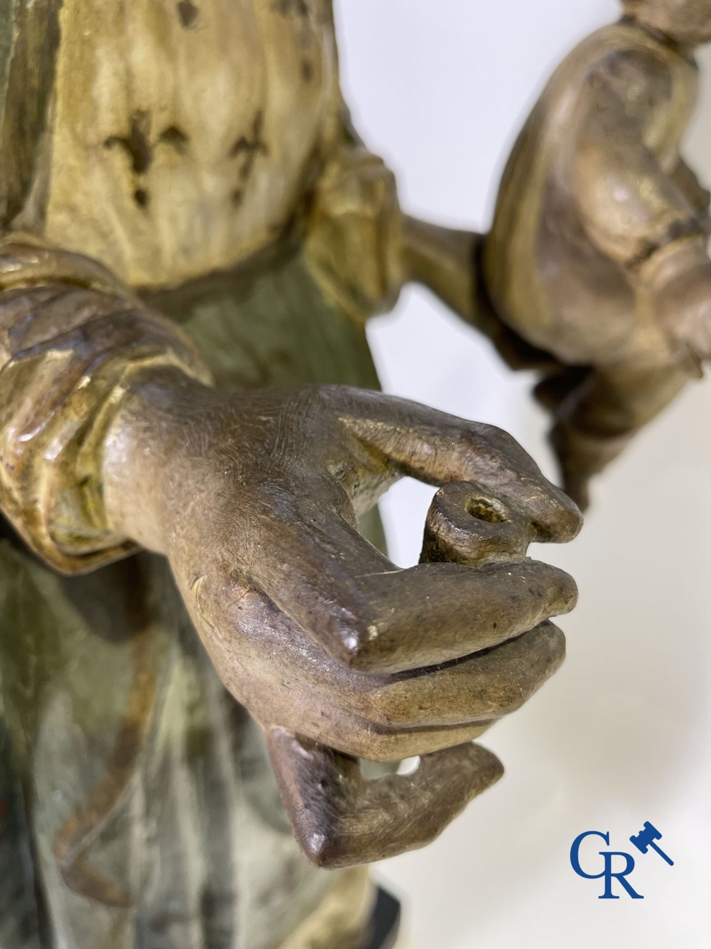 Wooden polychrome Baroque sculpture of Mary with child. The Crown inlaid with an amber-like rock. - Image 20 of 30