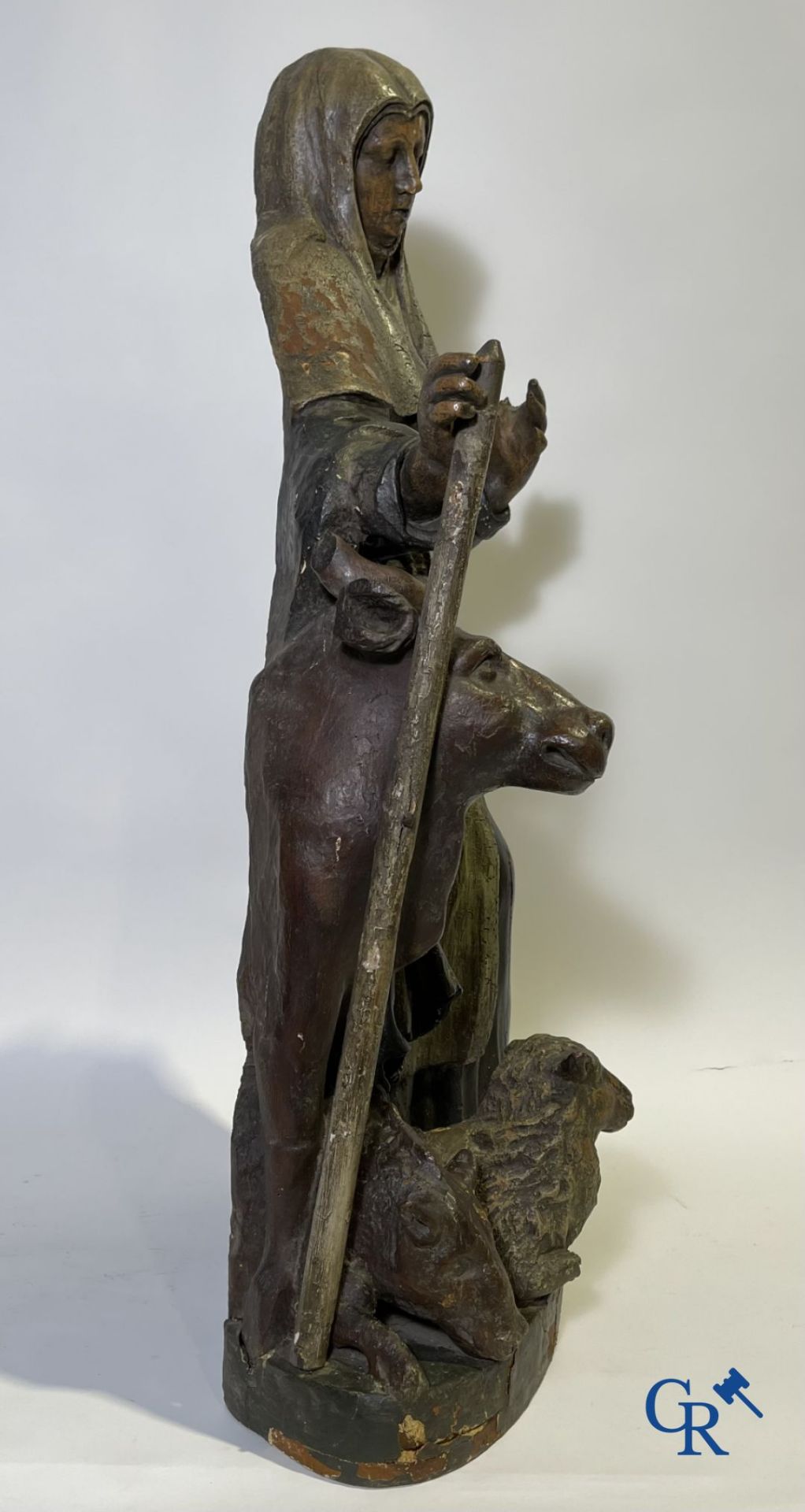 Imposing 17th century polychrome wooden statue of a Saint accompanied by a cow, a pig and a sheep. - Image 16 of 23