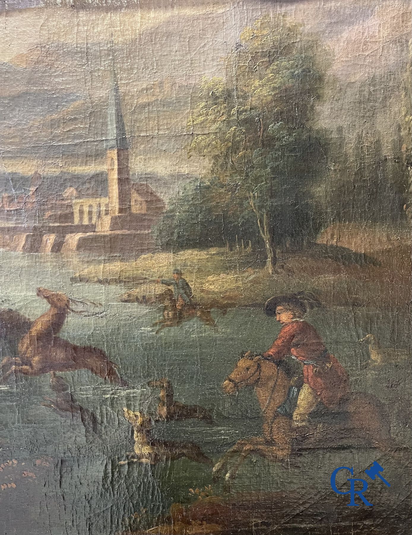 Painting: Oil on canvas, hunting scene, 18th century. - Image 5 of 8