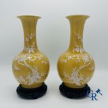 Chinese porcelain: Pair of Chinese vases with a floral decor on a yellow glazed surface. 20th centur