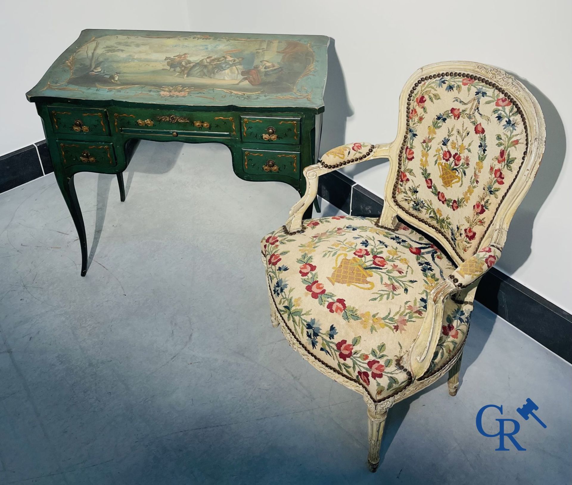 Ladies dressing table with gallant paintings, and a lacquered armchair transitional period Louis XV  - Image 8 of 17