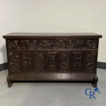 Furniture: Large sculpted oak chest. England, dated 1810.