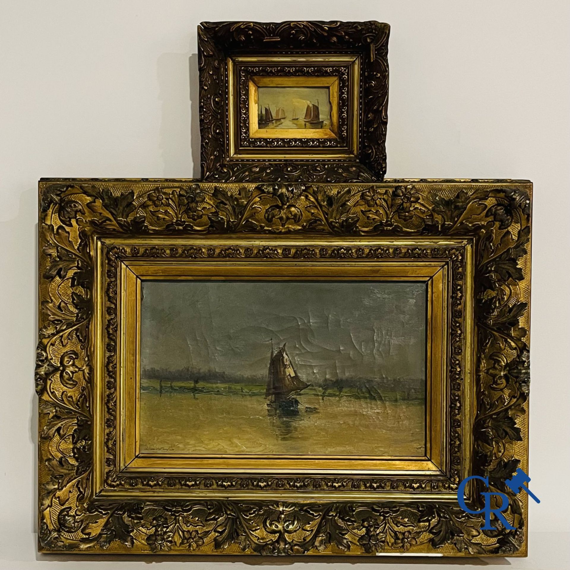 2 Paintings: Edouard Vanderhaeghen. Sailboat in the polders and a sea view. Signed illegibly.