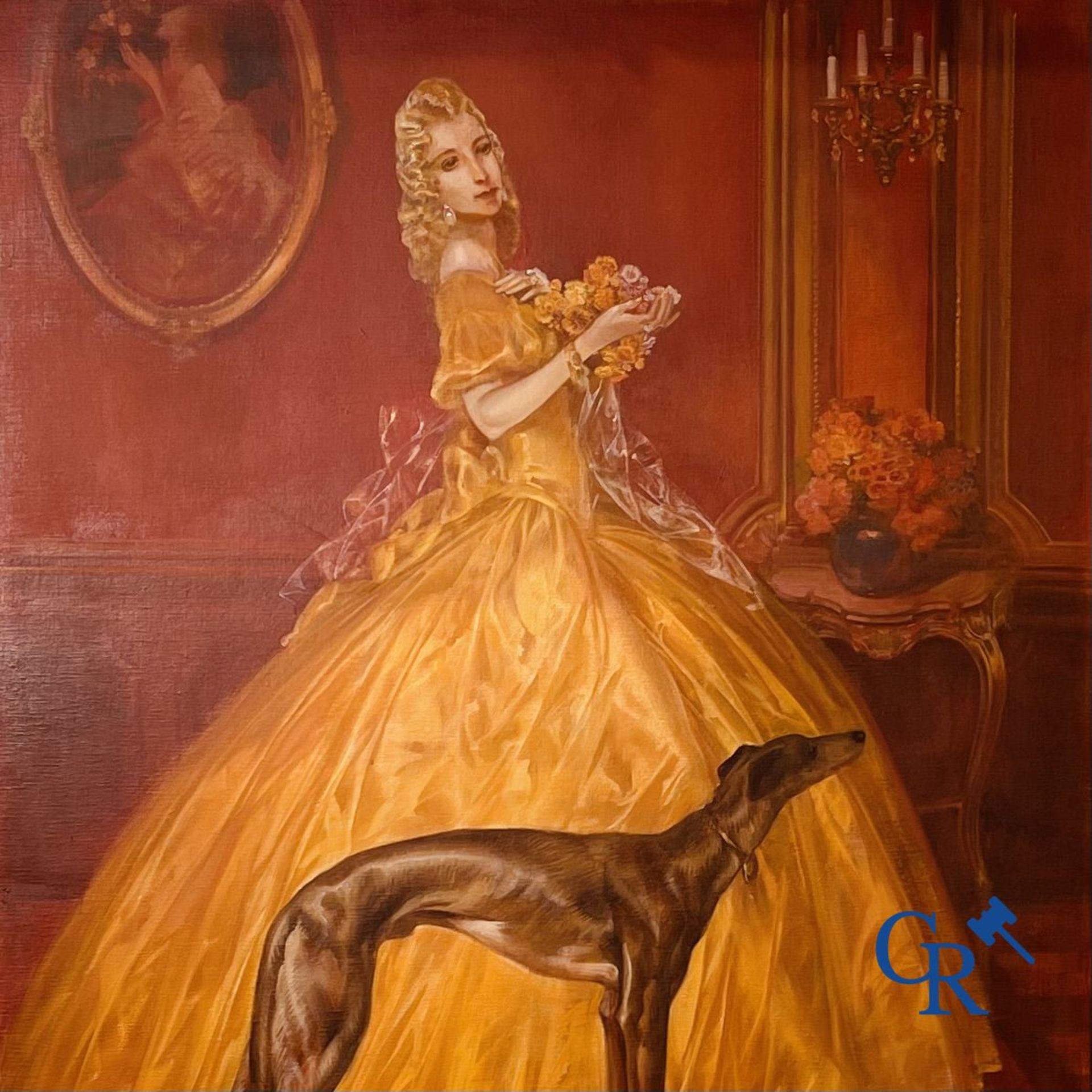 Karel Van Belle: Elegant lady with greyhound. Oil on canvas. - Bild 3 aus 10