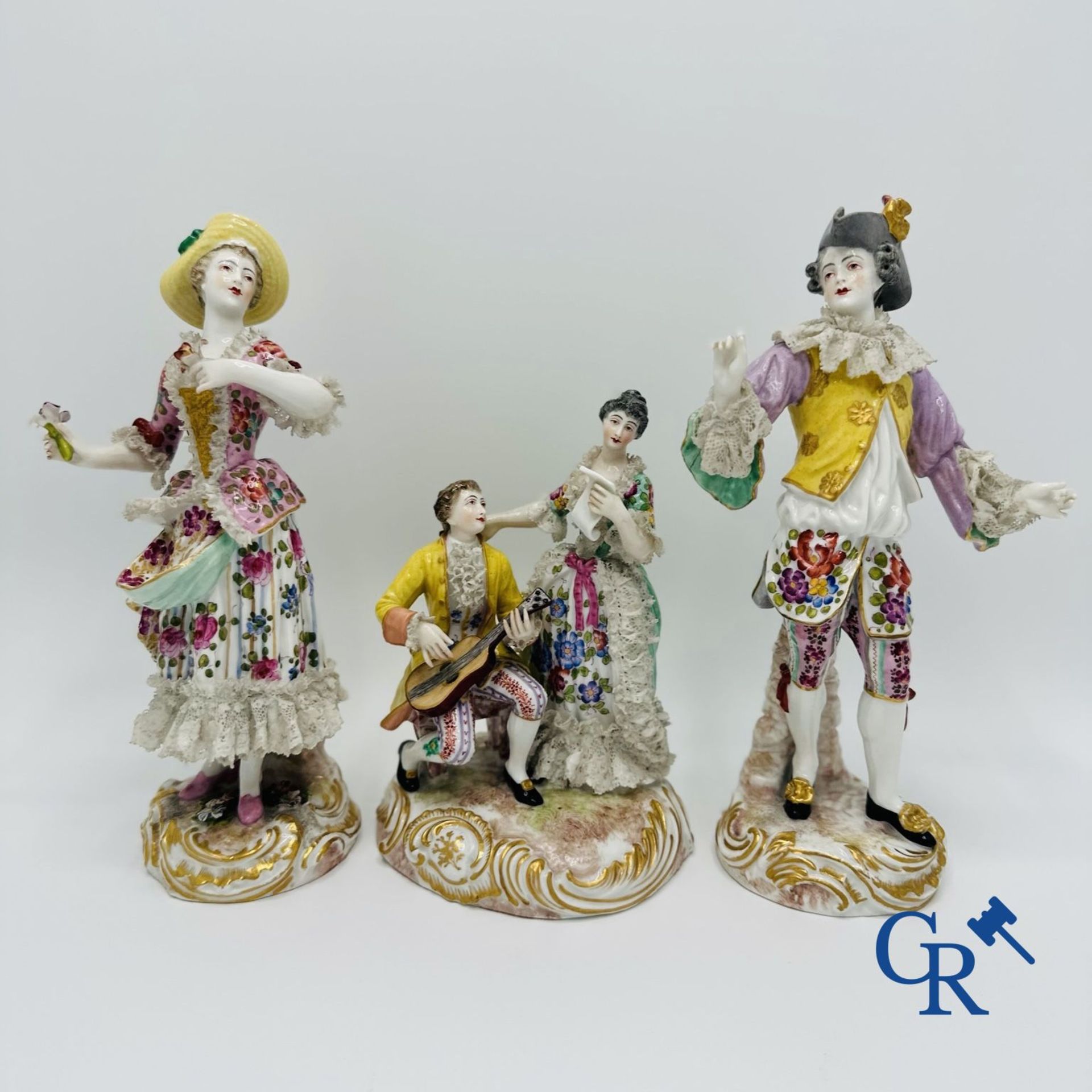 Porcelain: 3 groups of multicoloured decorated porcelain in the style of Meissen. 19th century.