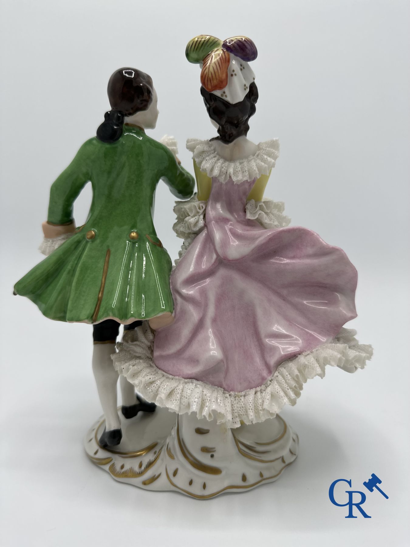 Porcelain: Volkstedt Rudolstadt: 3 porcelain romantic figures in dentelle (lace porcelain). Marked. - Image 7 of 10